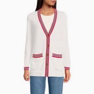 Lands' End Fine Gauge Cotton Cardigan‎ Sweater Tipping Stripe Size Small Preppy